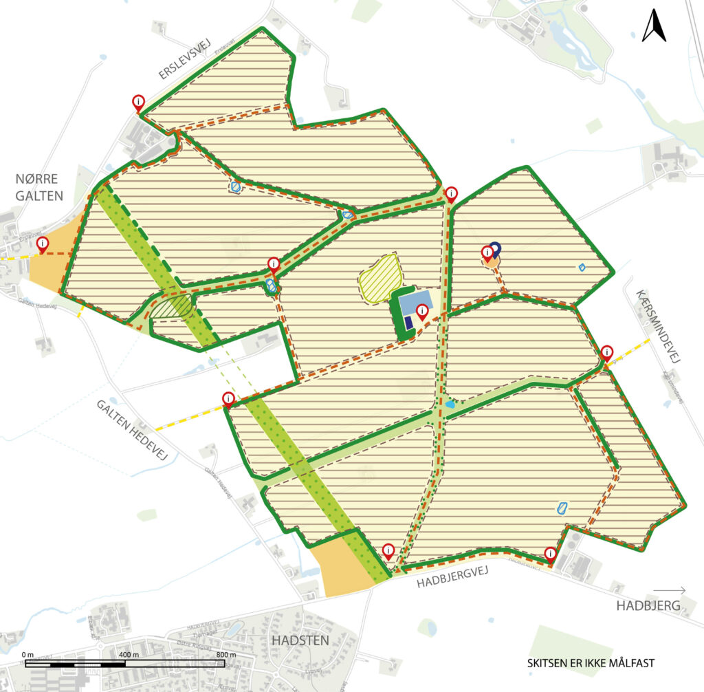 Denne grafik er taget fra Favrskov Kommunes Idéoplæg, og viser det område, hvor det foreslåede solcelleanlæg skal placeres. Grafik: Favrskov Kommune.