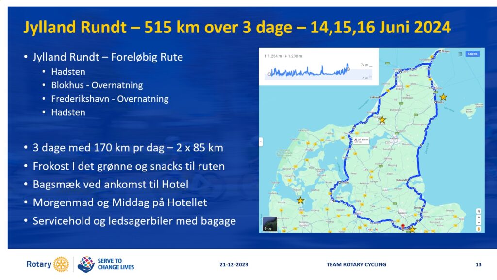 Her er den foreløbige rute for Team Rotary Cyclings tur til Nordjylland i tre dage i juni 2024. Grafik: Team Rotary Cycling.