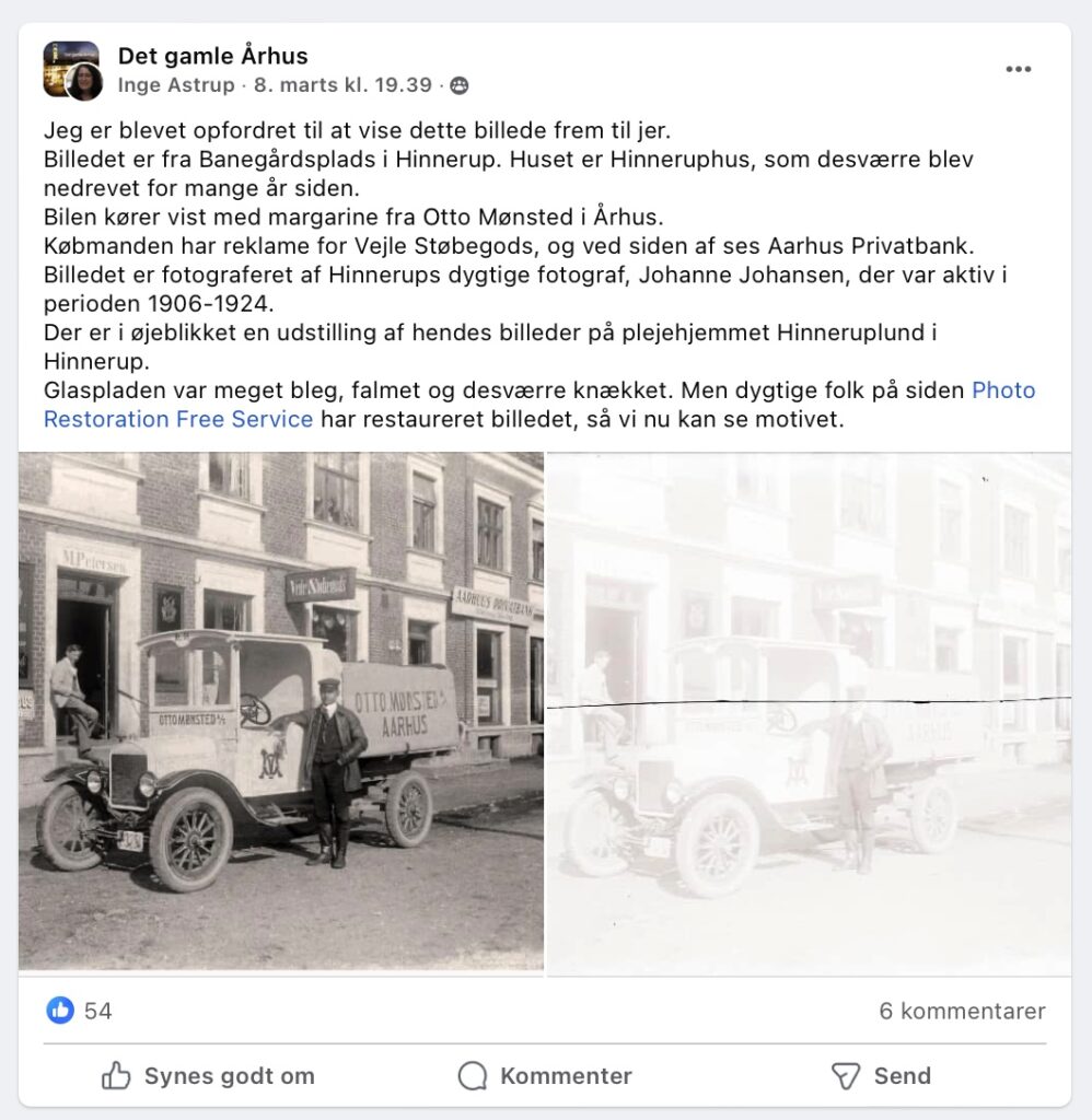 Inge Astrup lagde dette opslag ud i Facebook gruppen ´Det gamle Århus` den 8. marts 2004, for at vise, hvordan kvaliteten af billedet oprindeligt var, men at hjælpesomme hænder på nettet har hjulpet til med at restaurere billedet. Facebook opslag: Inge Astrup - Hinnerup Egnsarkiv.